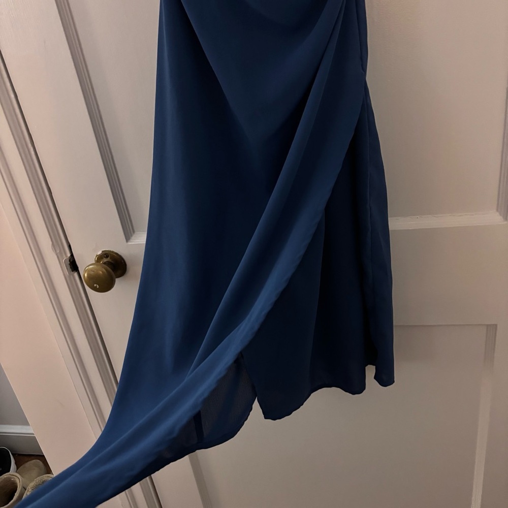 Lulu's V-Neck Knee Length Dress with Fold-Over Slit (Blue/Green) - Picture 8 of 11